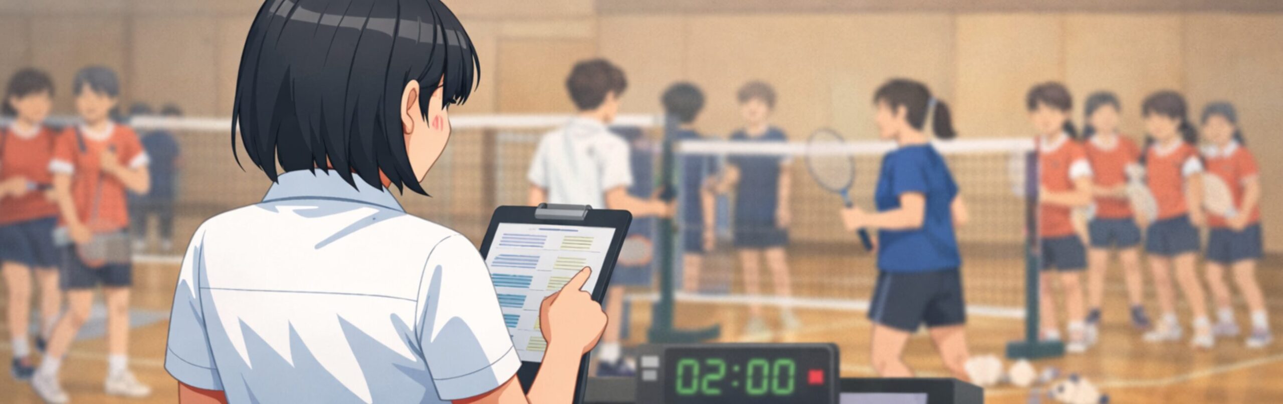 後ろ姿でみんなの進行管理を必死な様子で行なっている顧問の先生