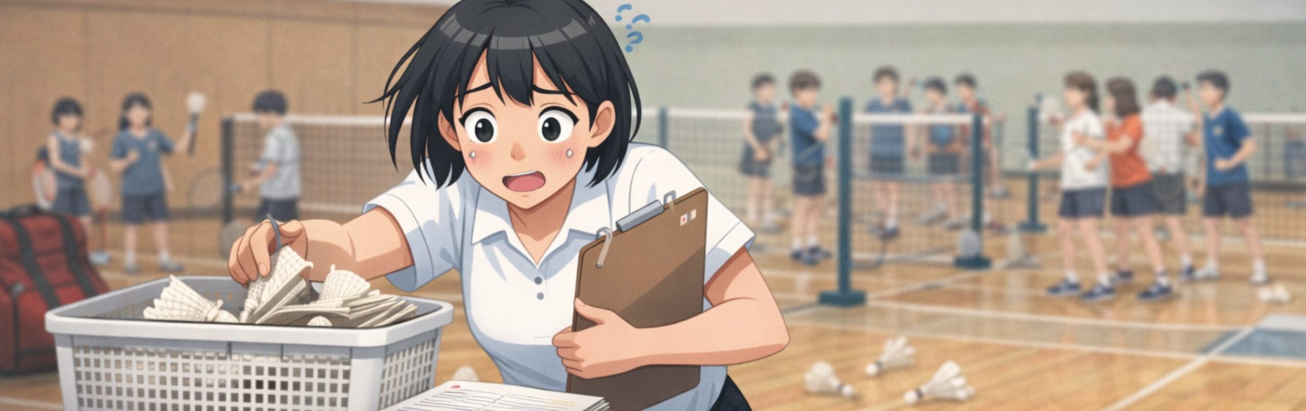 シャトルや名簿の準備に追われ、焦っている顧問の先生